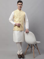 Jompers Men's Yellow and White Woven Design Waistcoats