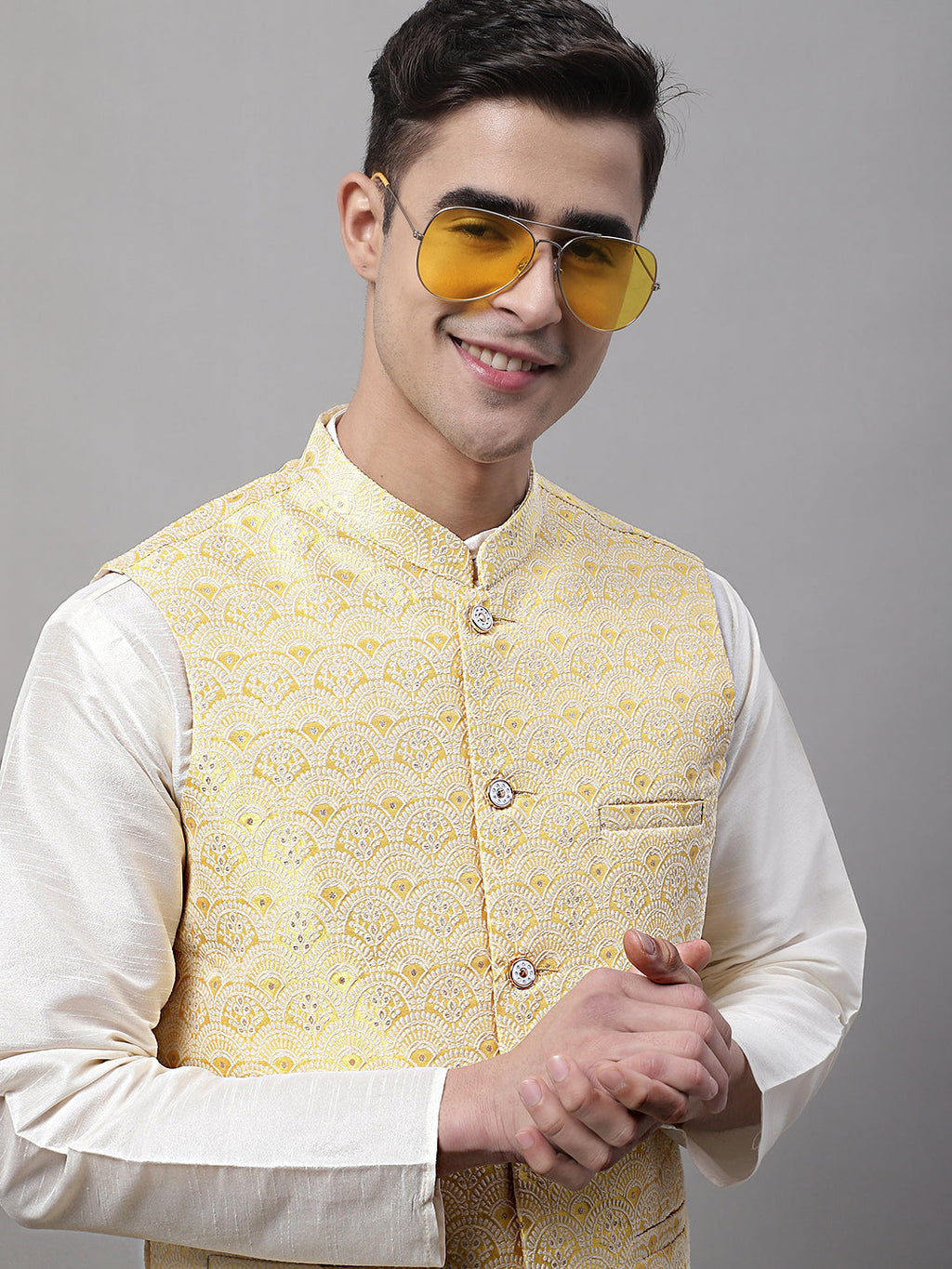 Jompers Men's Yellow and White Woven Design Waistcoats