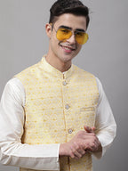 Jompers Men's Yellow and White Woven Design Waistcoats