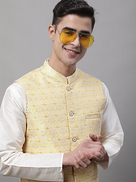 Jompers Men's Yellow and White Woven Design Waistcoats