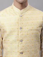Jompers Men's Yellow and White Woven Design Waistcoats