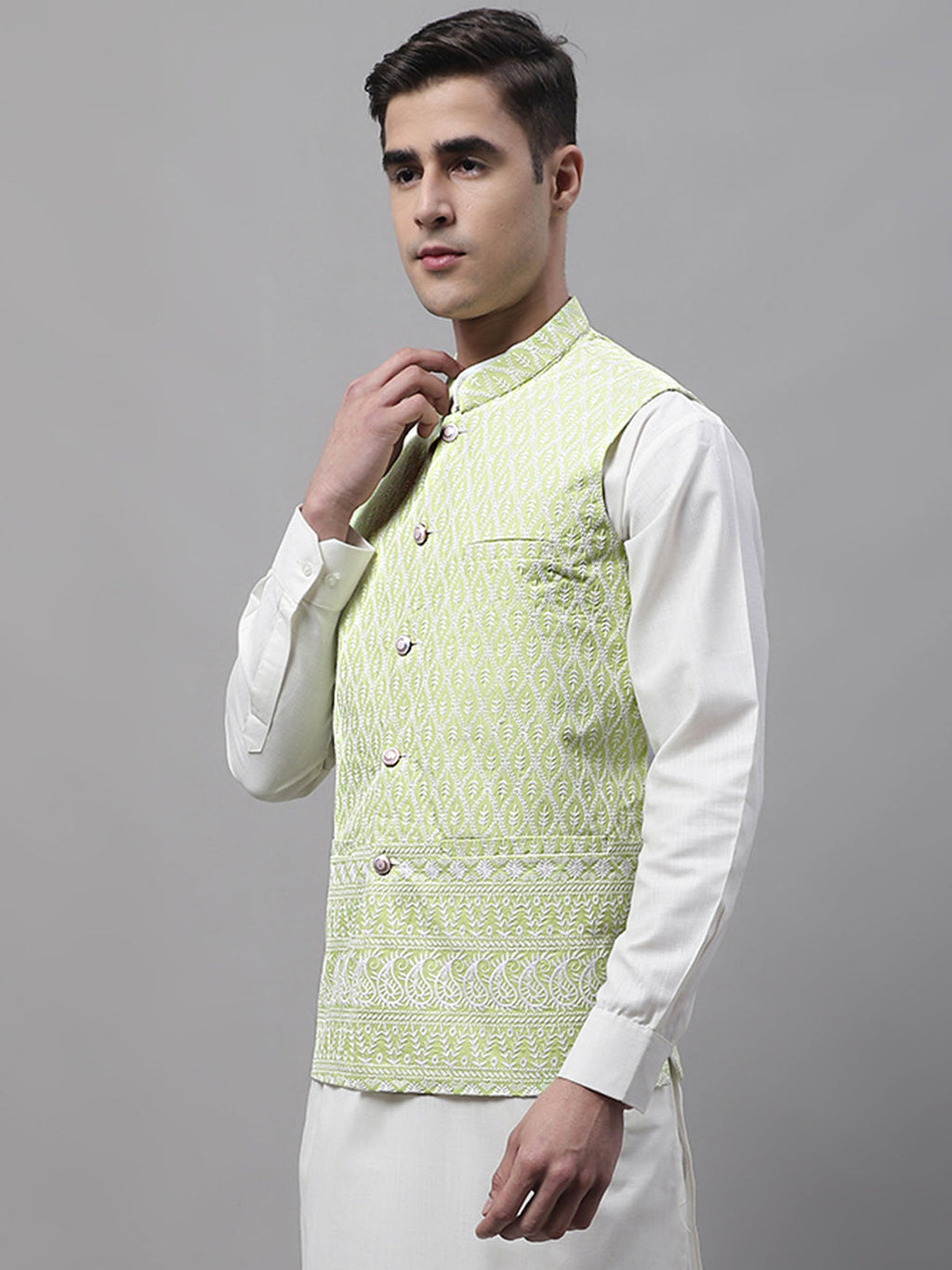Jompers Men's Green and White Embroidered Waistcoats