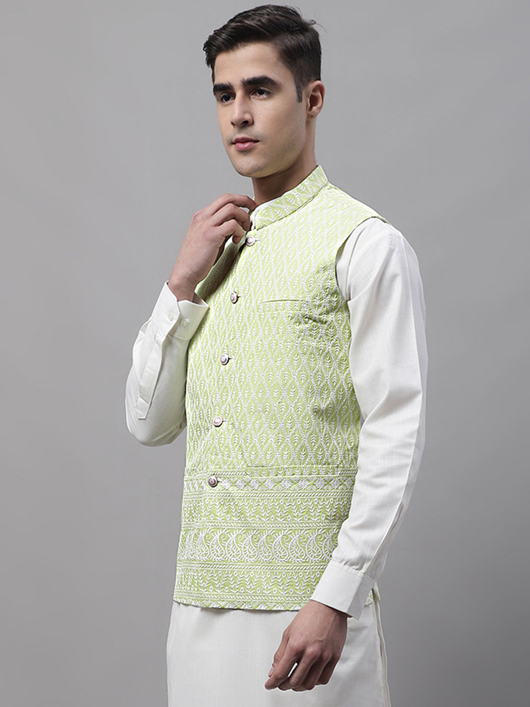 Jompers Men's Green and White Embroidered Waistcoats