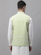 Jompers Men's Green and White Embroidered Waistcoats