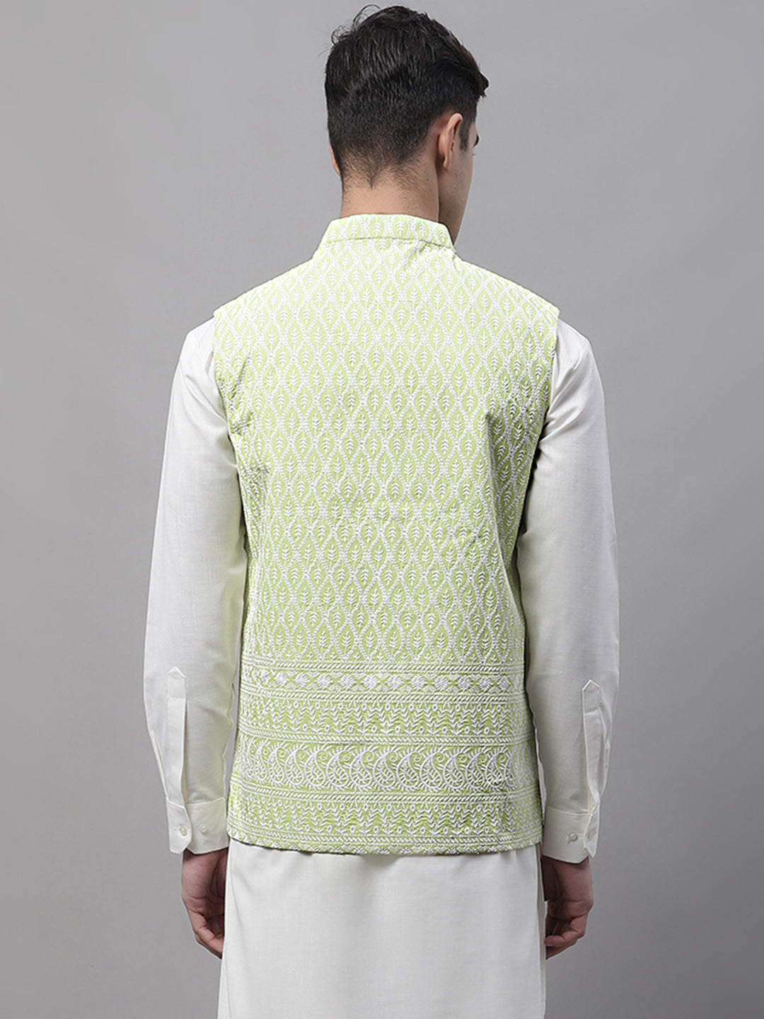 Jompers Men's Green and White Embroidered Waistcoats