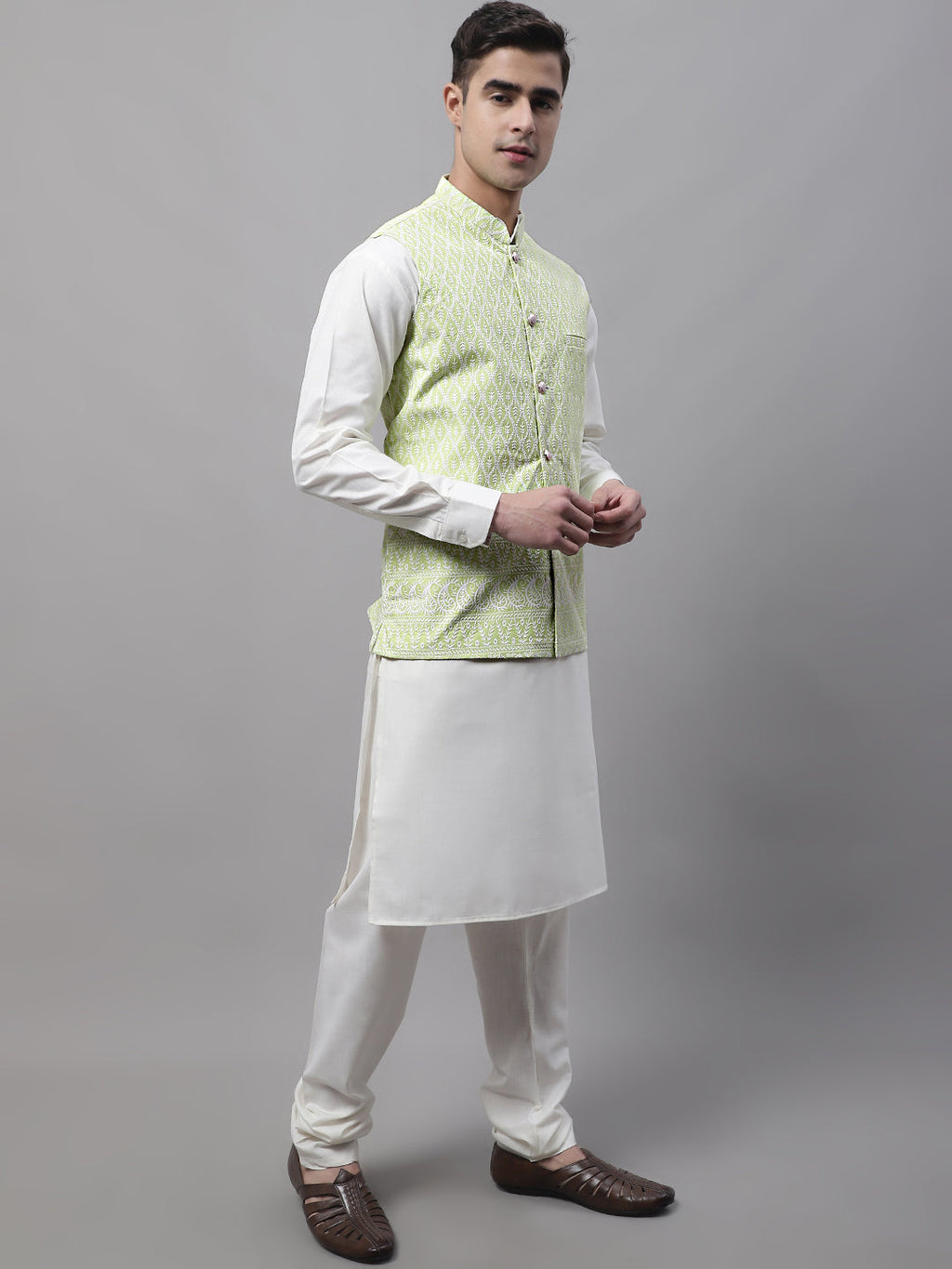 Jompers Men's Green and White Embroidered Waistcoats