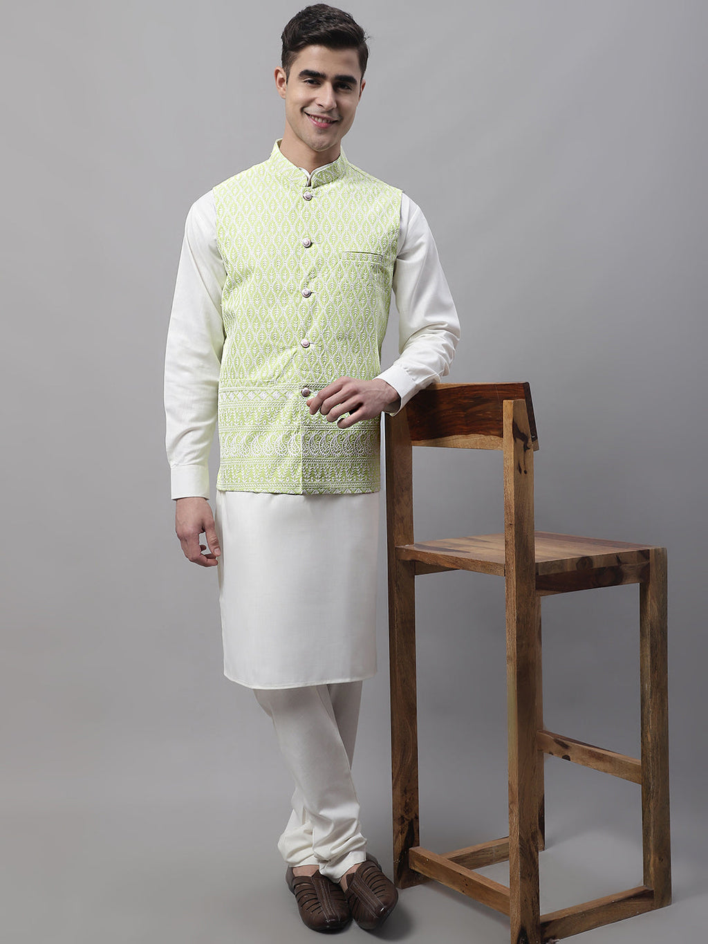Jompers Men's Green and White Embroidered Waistcoats