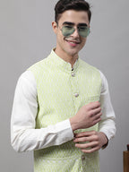 Jompers Men's Green and White Embroidered Waistcoats