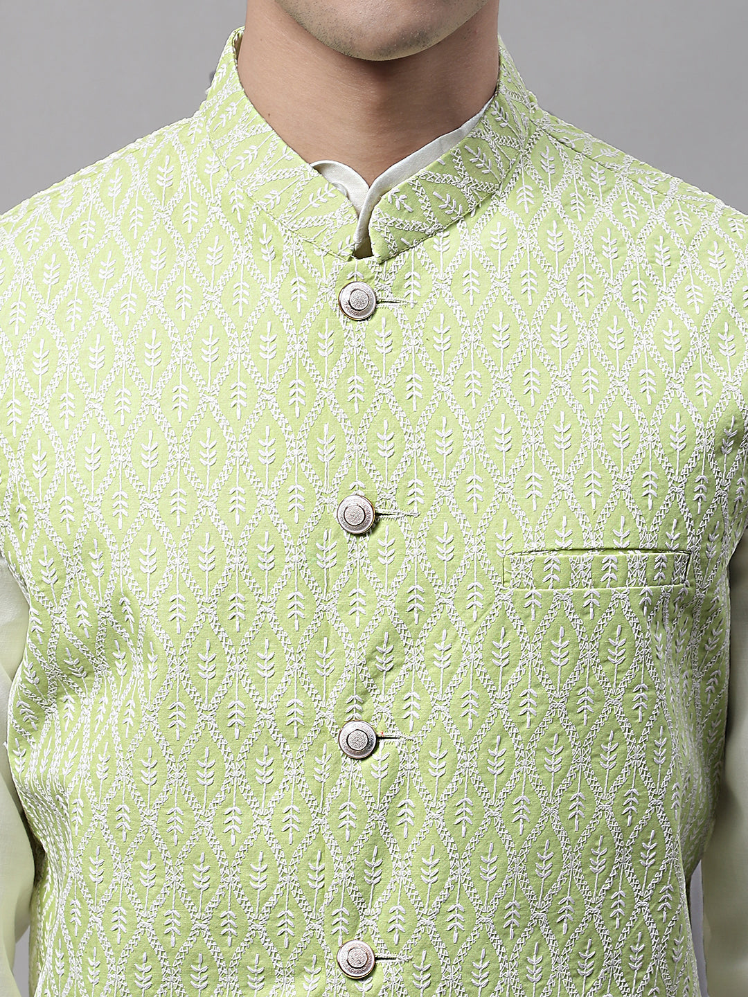 Jompers Men's Green and White Embroidered Waistcoats