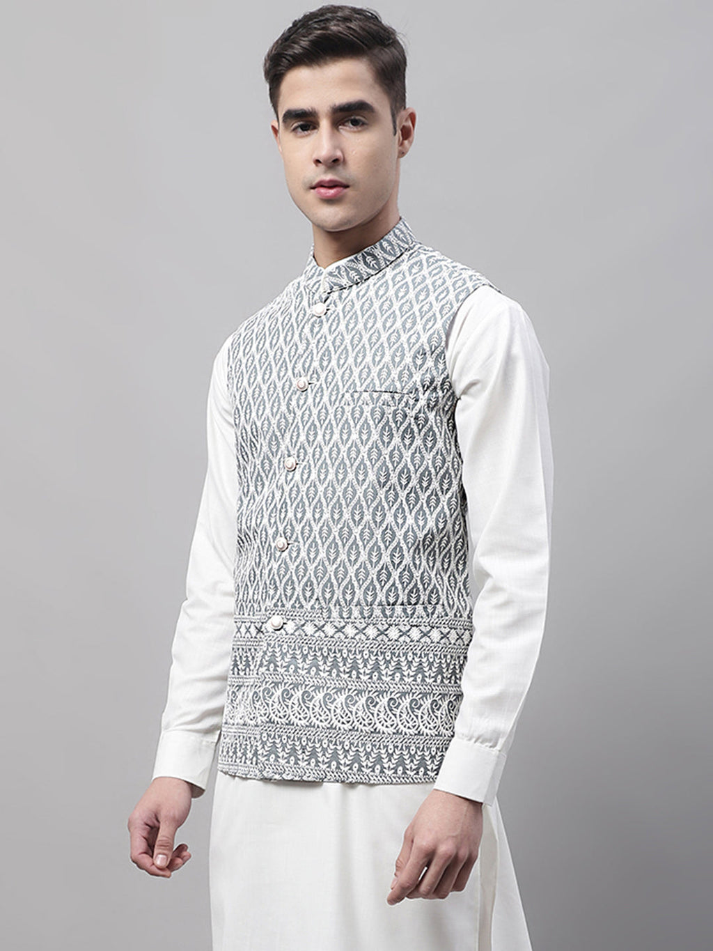 Jompers Men's Grey and White Embroidered Waistcoats