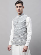 Jompers Men's Grey and White Embroidered Waistcoats