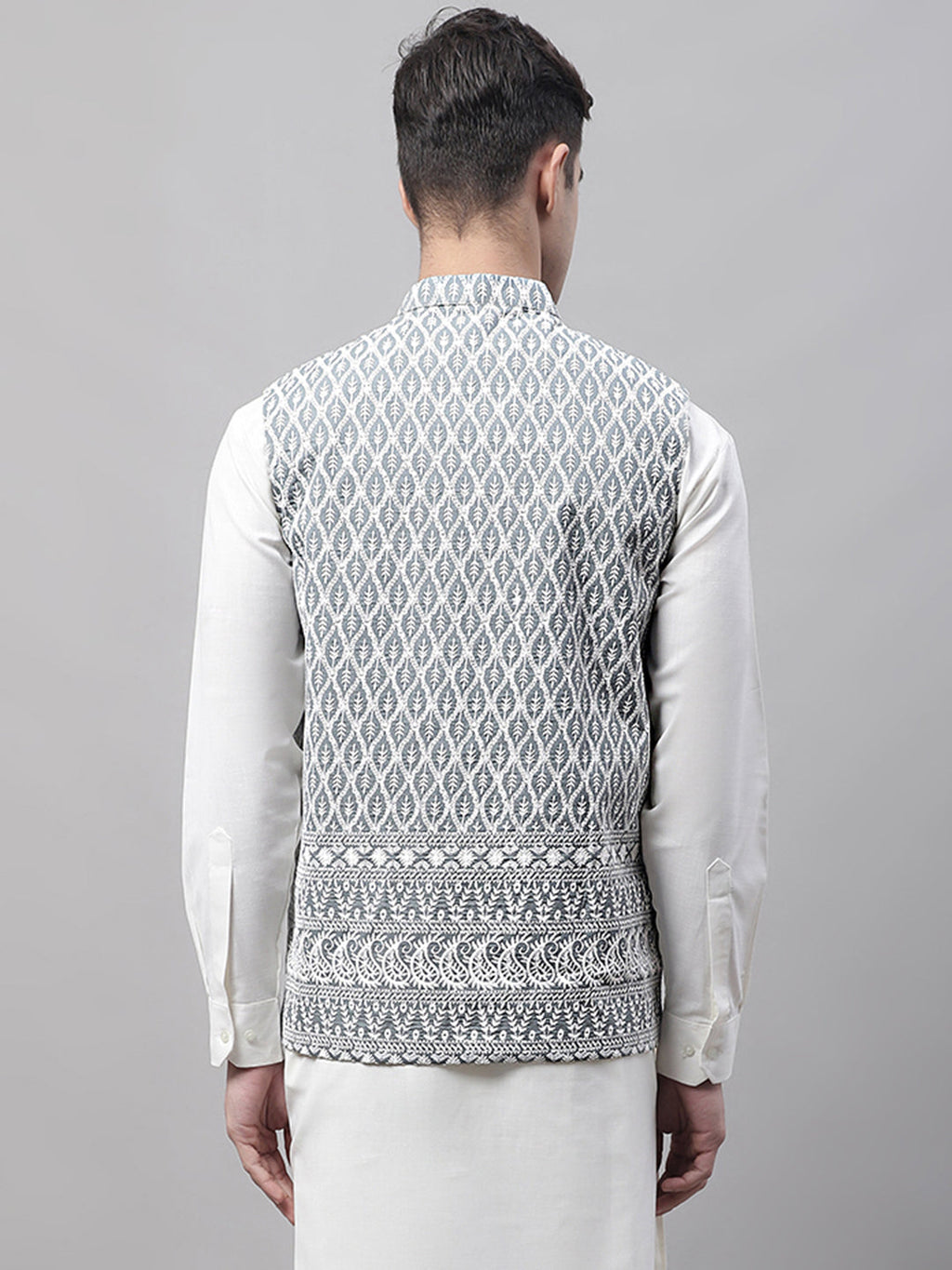 Jompers Men's Grey and White Embroidered Waistcoats