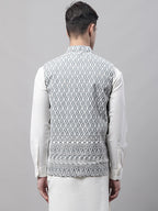 Jompers Men's Grey and White Embroidered Waistcoats