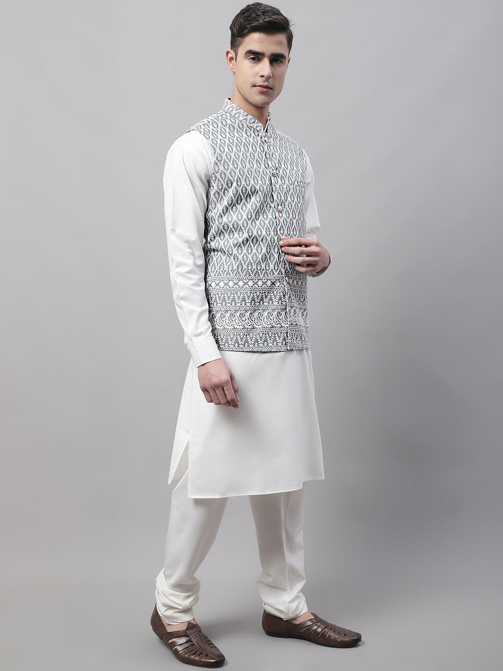 Jompers Men's Grey and White Embroidered Waistcoats