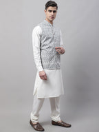 Jompers Men's Grey and White Embroidered Waistcoats
