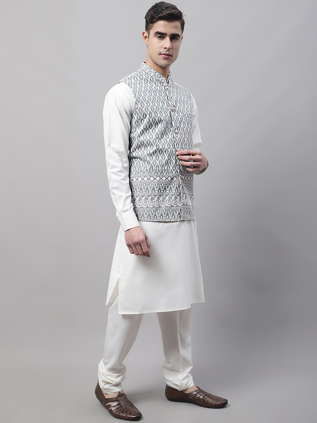 Jompers Men's Grey and White Embroidered Waistcoats