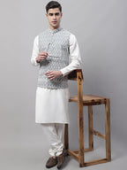 Jompers Men's Grey and White Embroidered Waistcoats