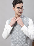 Jompers Men's Grey and White Embroidered Waistcoats