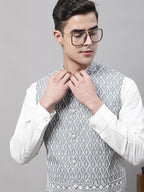 Jompers Men's Grey and White Embroidered Waistcoats