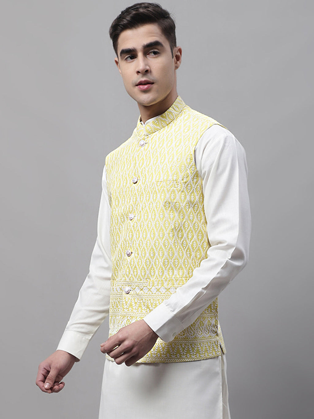 Jompers Men's Yellow and White Embroidered Waistcoats