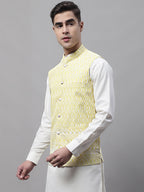 Jompers Men's Yellow and White Embroidered Waistcoats