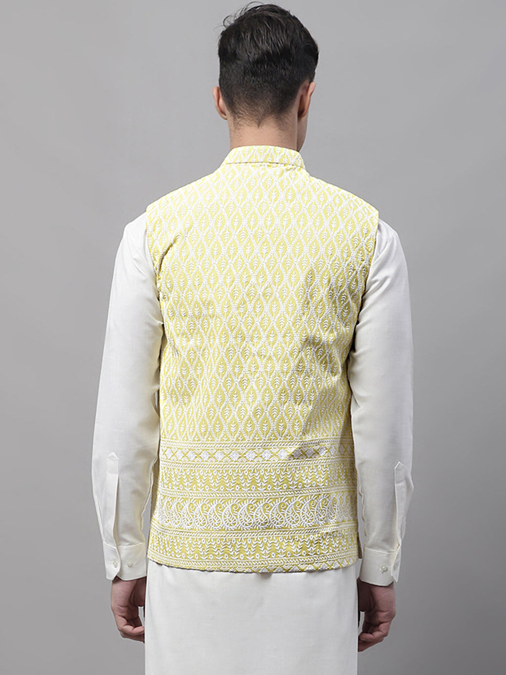 Jompers Men's Yellow and White Embroidered Waistcoats