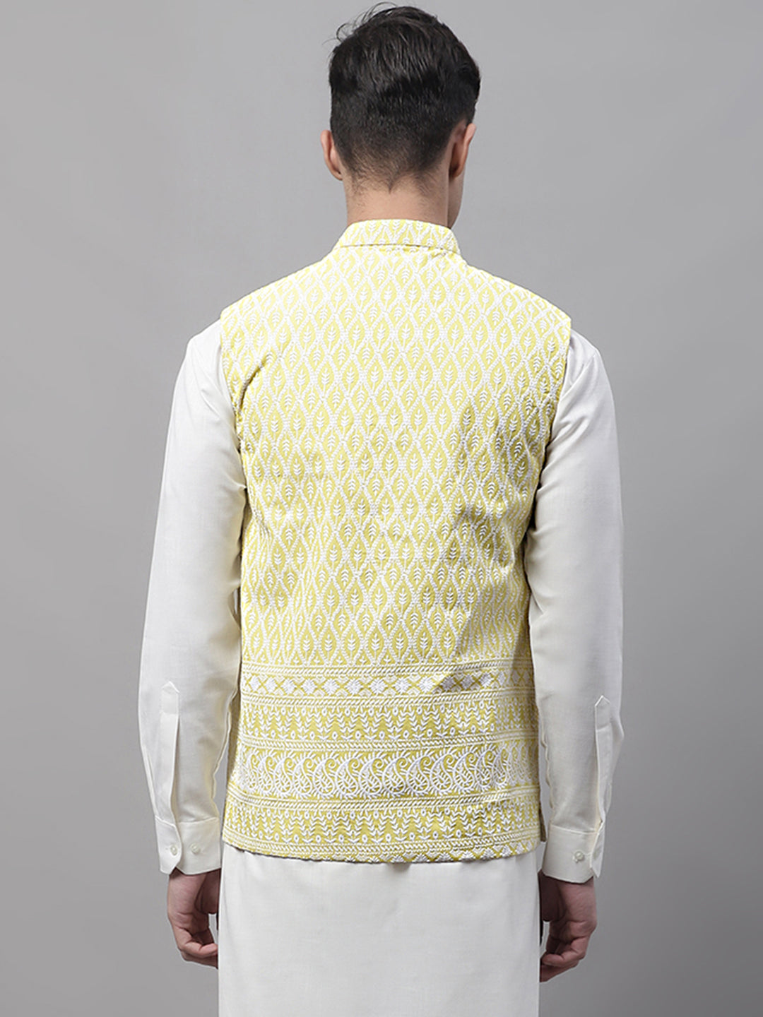 Jompers Men's Yellow and White Embroidered Waistcoats