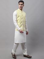Jompers Men's Yellow and White Embroidered Waistcoats