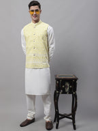Jompers Men's Yellow and White Embroidered Waistcoats