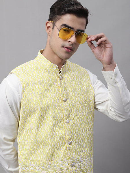Jompers Men's Yellow and White Embroidered Waistcoats