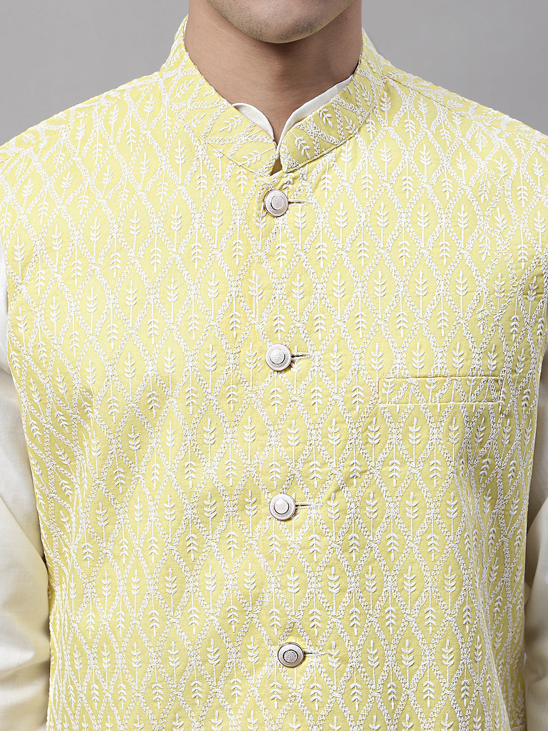 Jompers Men's Yellow and White Embroidered Waistcoats