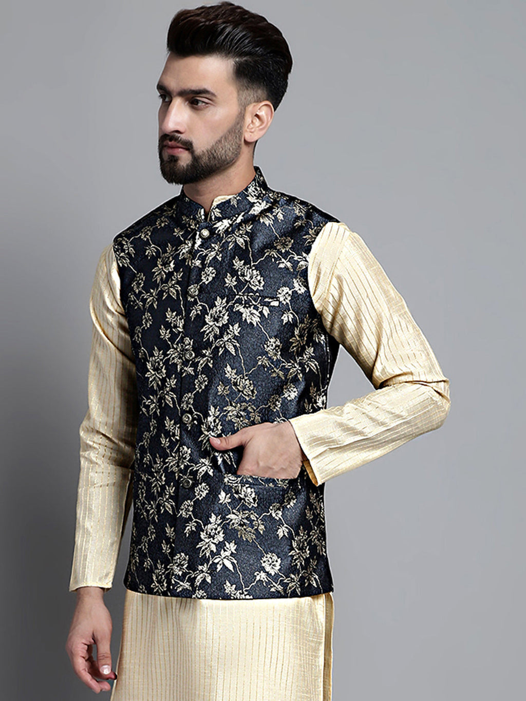 Jompers Men's Woven Design Nehru Jacket - Grey