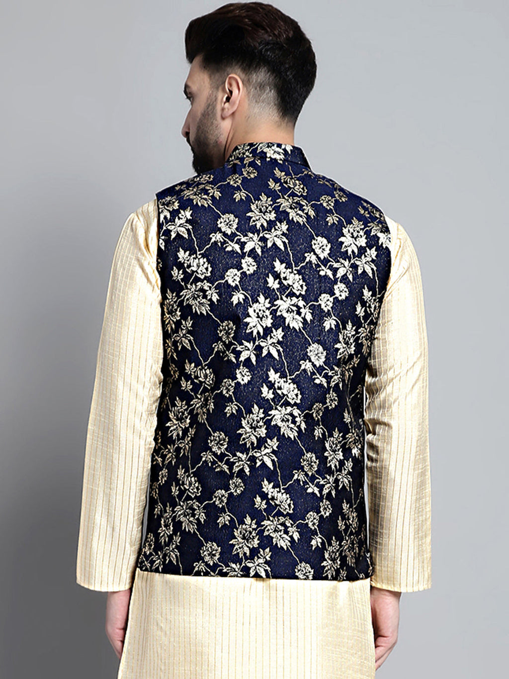Jompers Men's Woven Design Nehru Jacket - Navy Blue