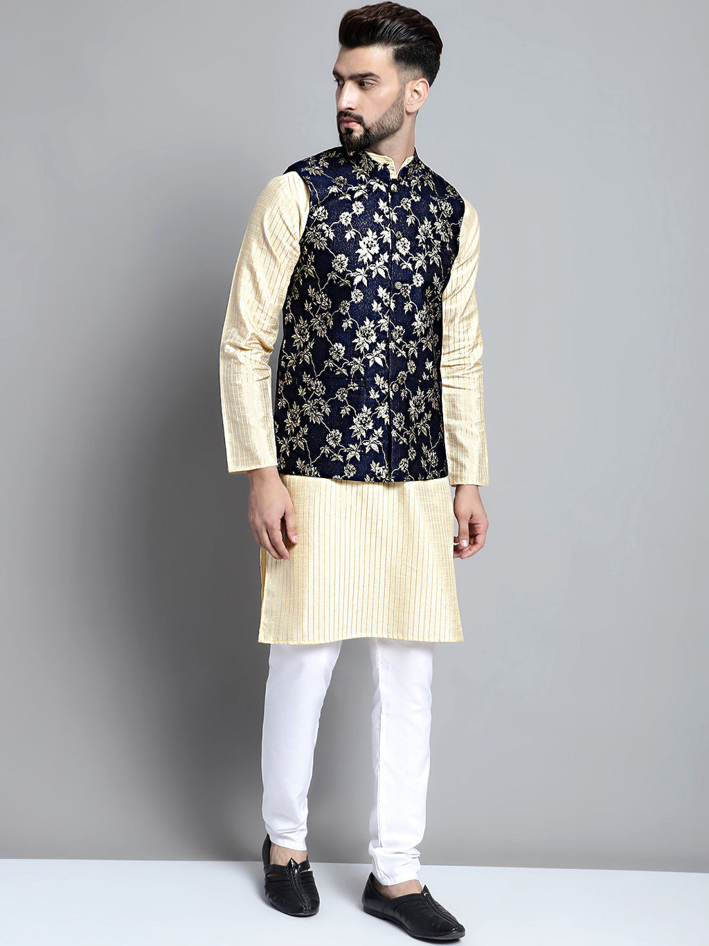 Jompers Men's Woven Design Nehru Jacket - Navy Blue
