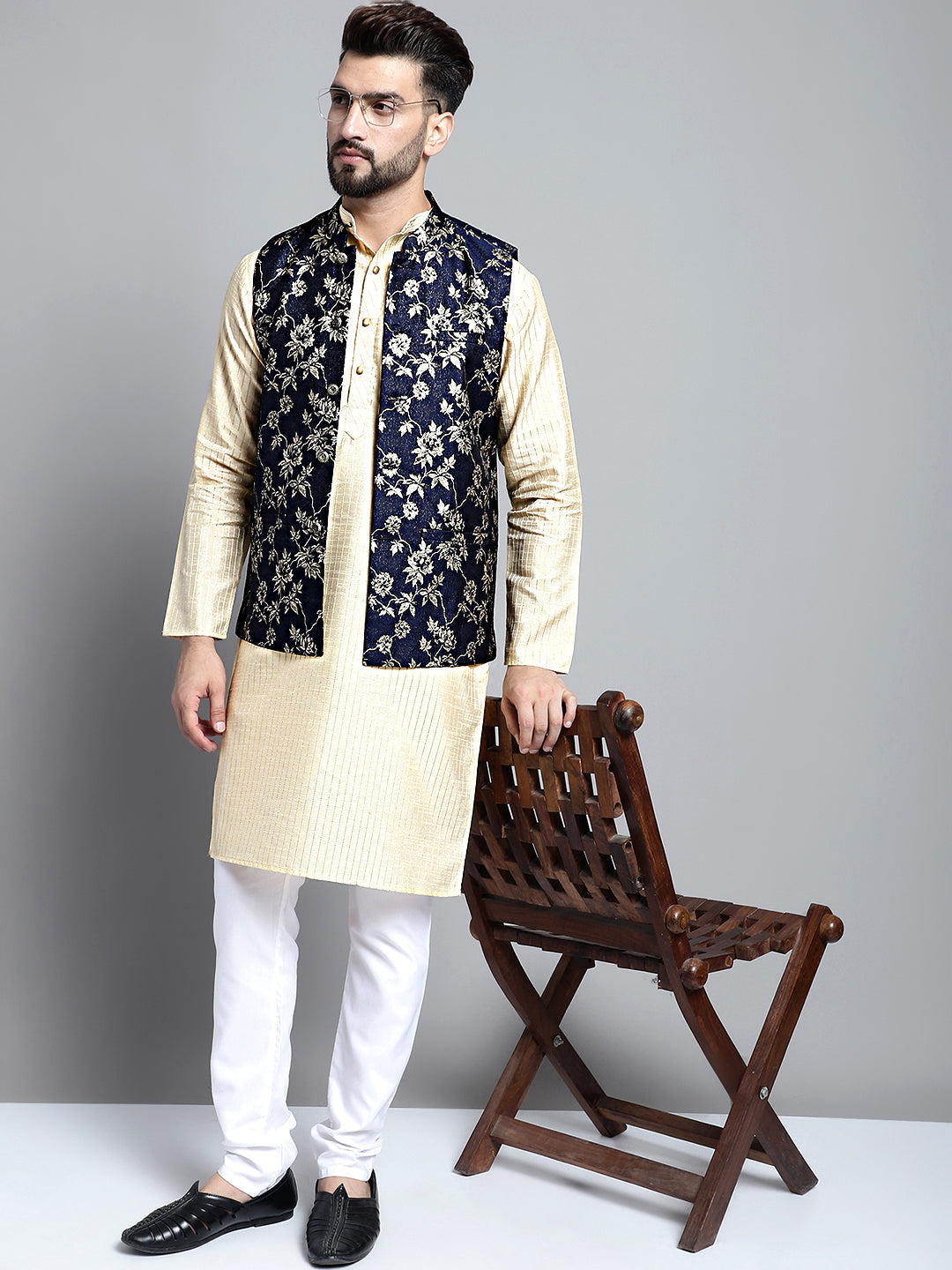 Jompers Men's Woven Design Nehru Jacket - Navy Blue