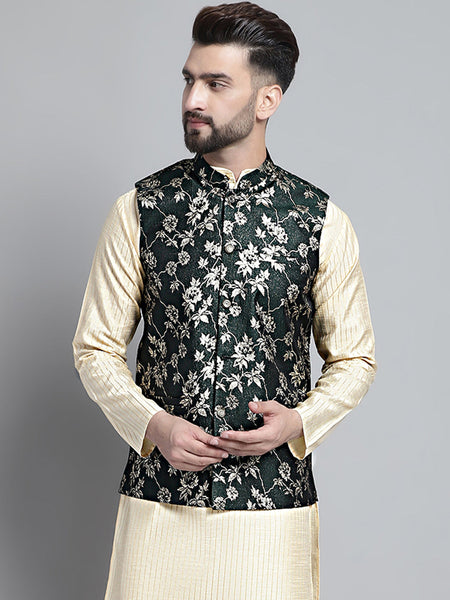 Jompers Men's Woven Design Nehru Jacket - Olive