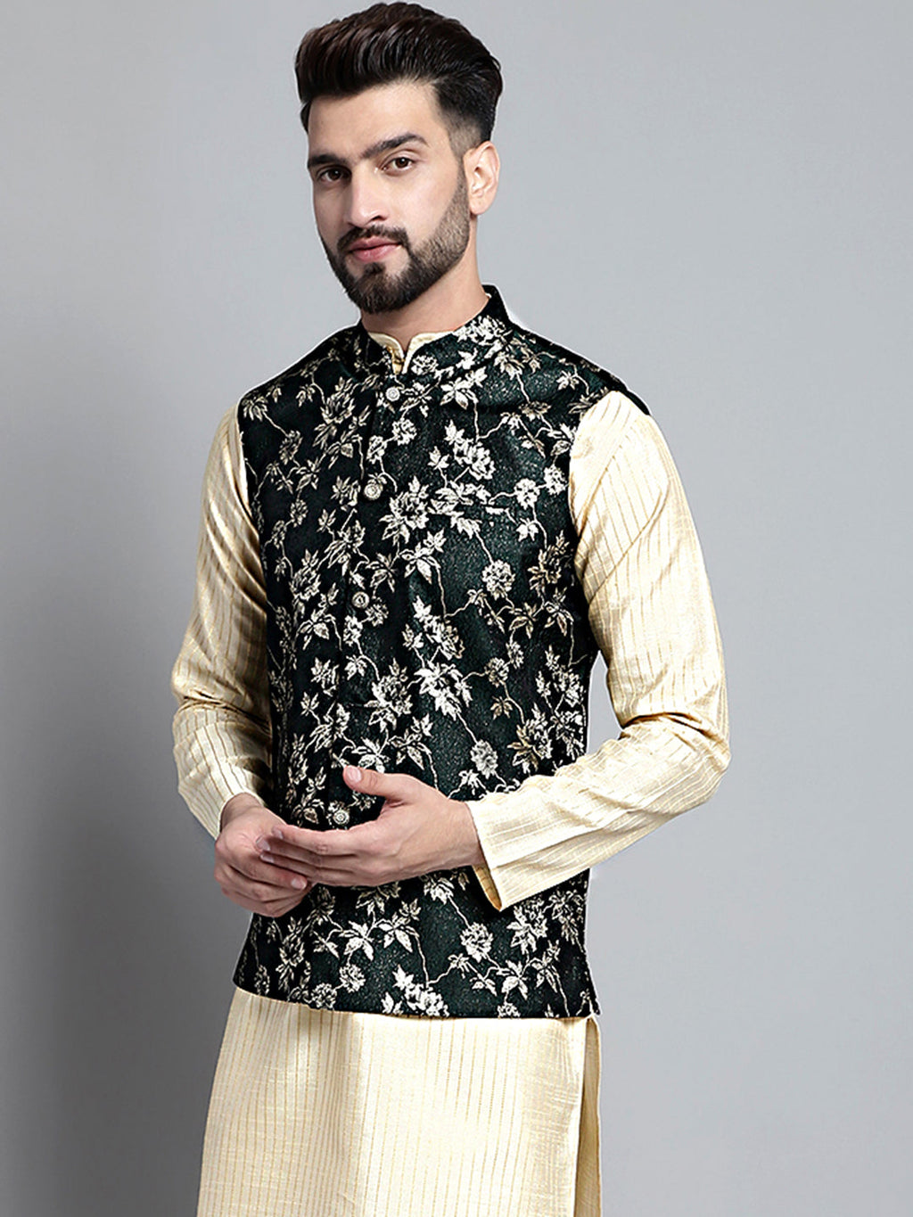 Jompers Men's Woven Design Nehru Jacket - Olive