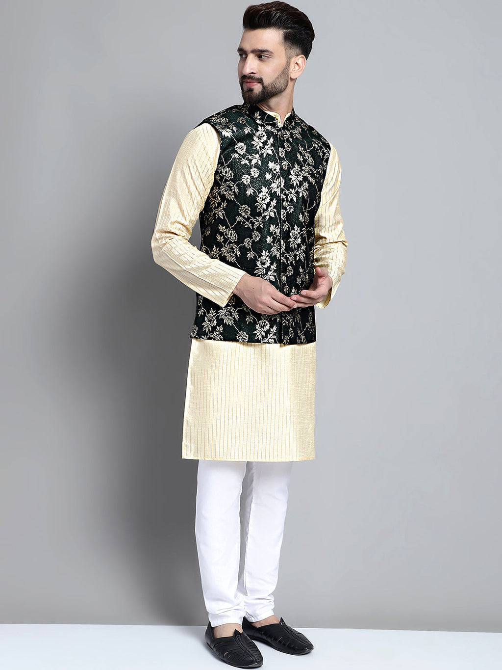 Jompers Men's Woven Design Nehru Jacket - Olive