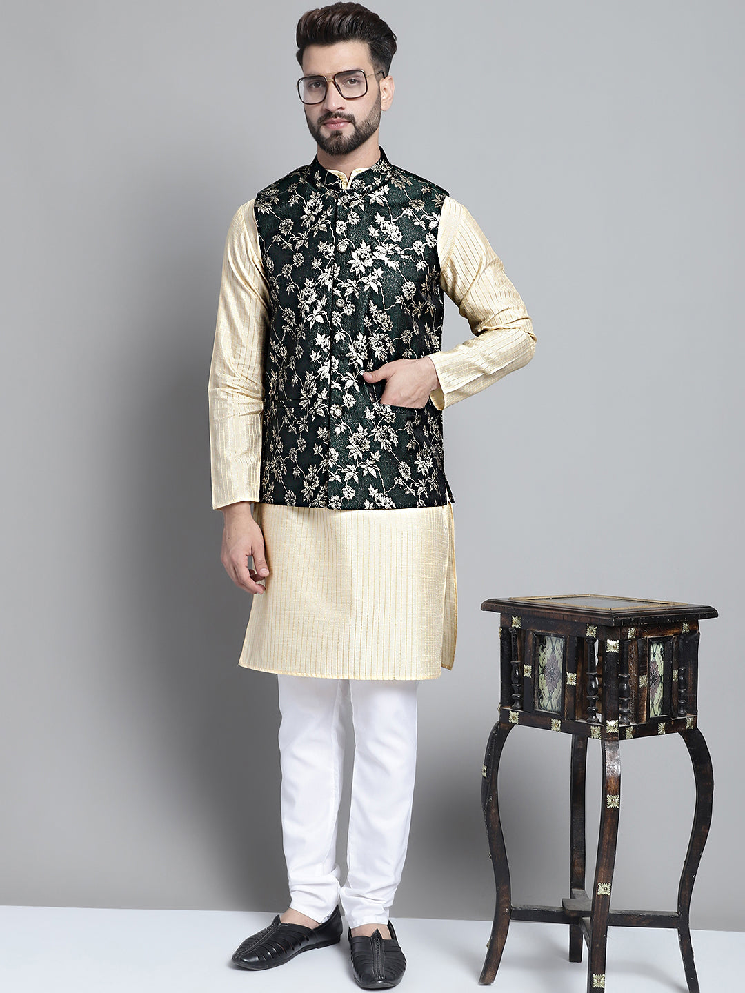 Jompers Men's Woven Design Nehru Jacket - Olive