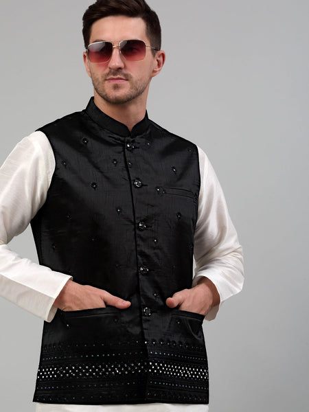 Jompers Men's Embroidered Nehru Jacket - Black