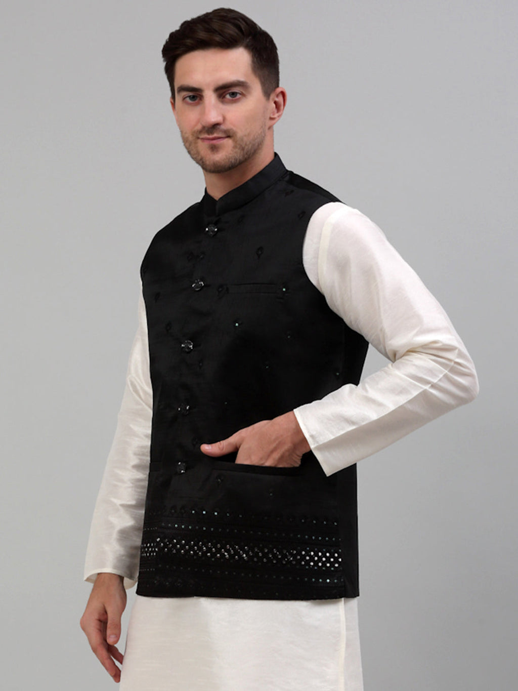 Jompers Men's Embroidered Nehru Jacket - Black