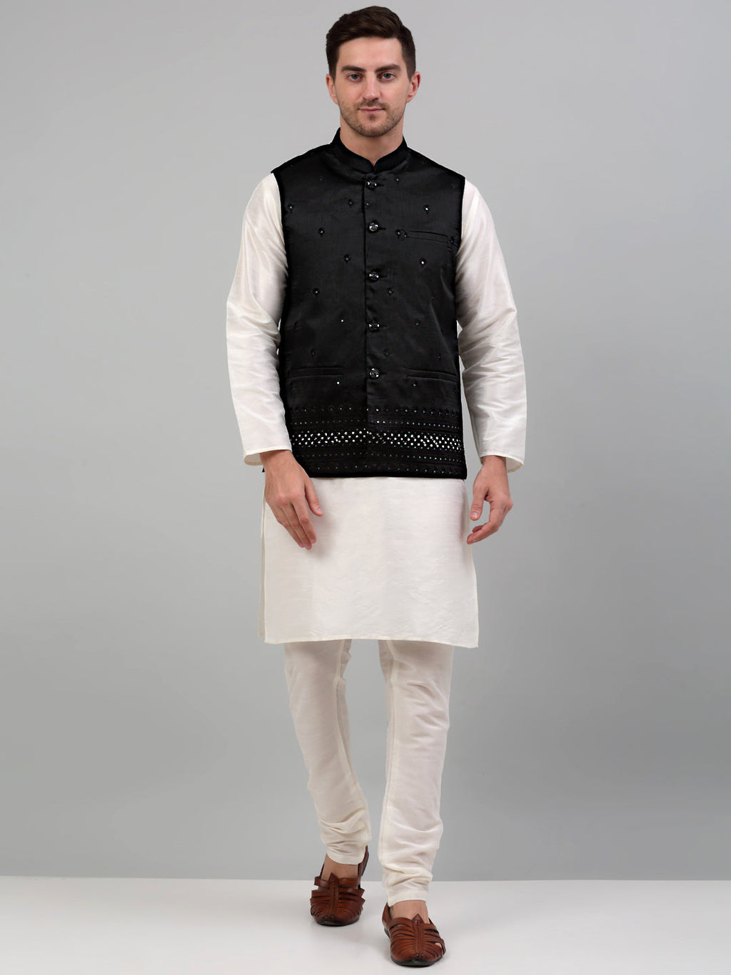 Jompers Men's Embroidered Nehru Jacket - Black