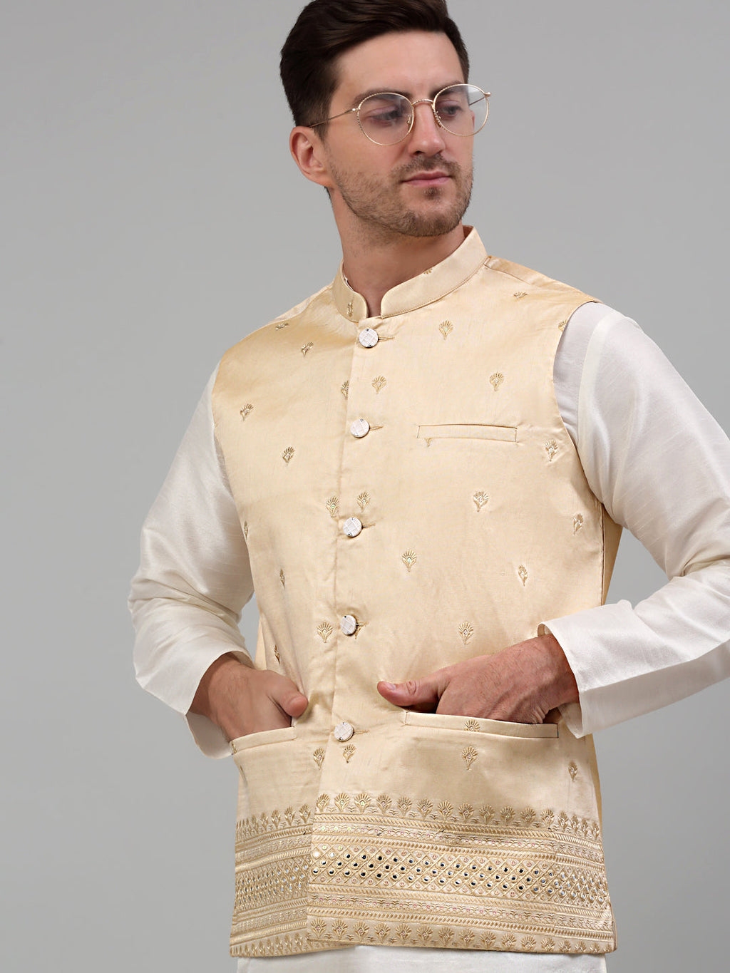 Jompers Men's Embroidered Nehru Jacket - Golden