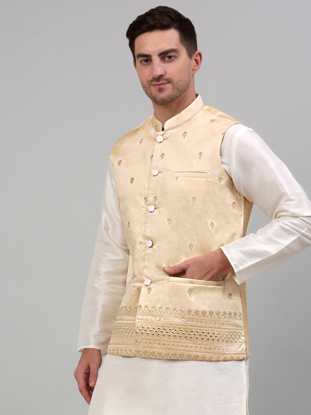 Jompers Men's Embroidered Nehru Jacket - Golden