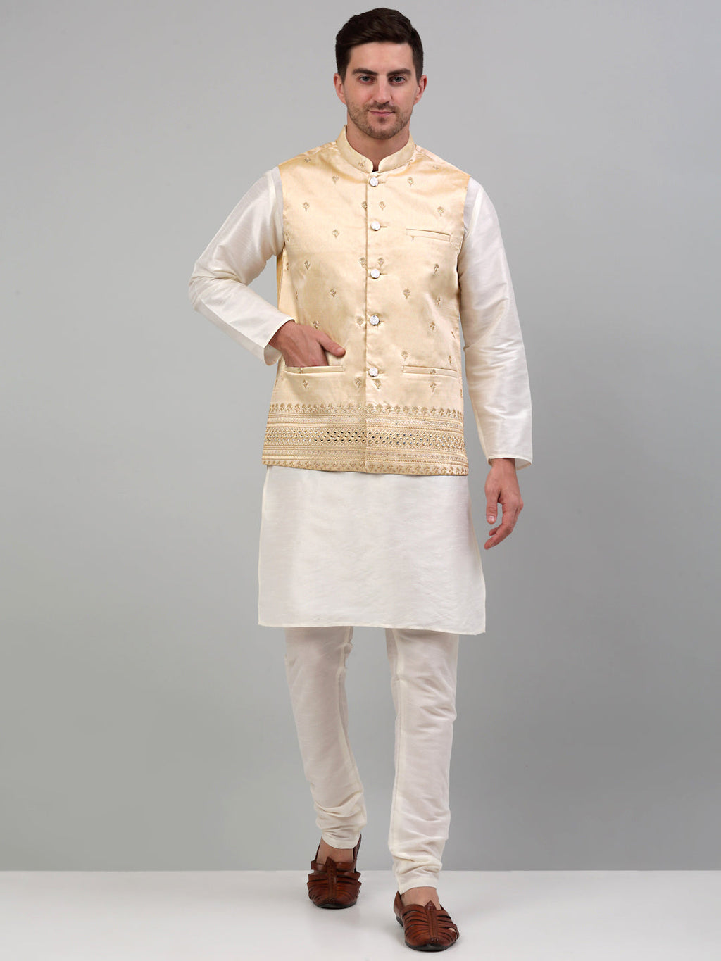 Jompers Men's Embroidered Nehru Jacket - Golden