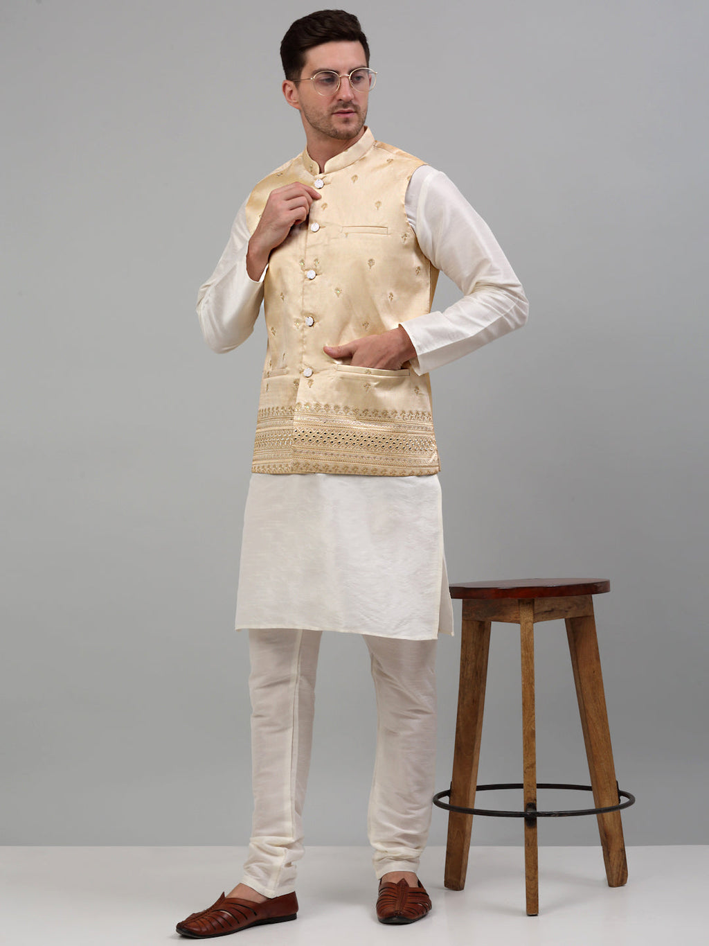 Jompers Men's Embroidered Nehru Jacket - Golden