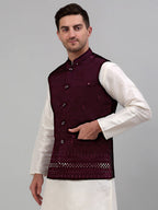 Jompers Men's Embroidered Nehru Jacket - Purple