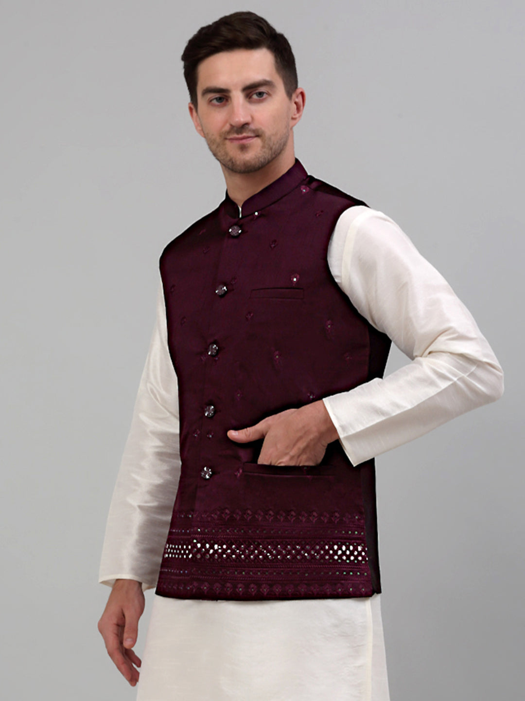 Jompers Men's Embroidered Nehru Jacket - Purple