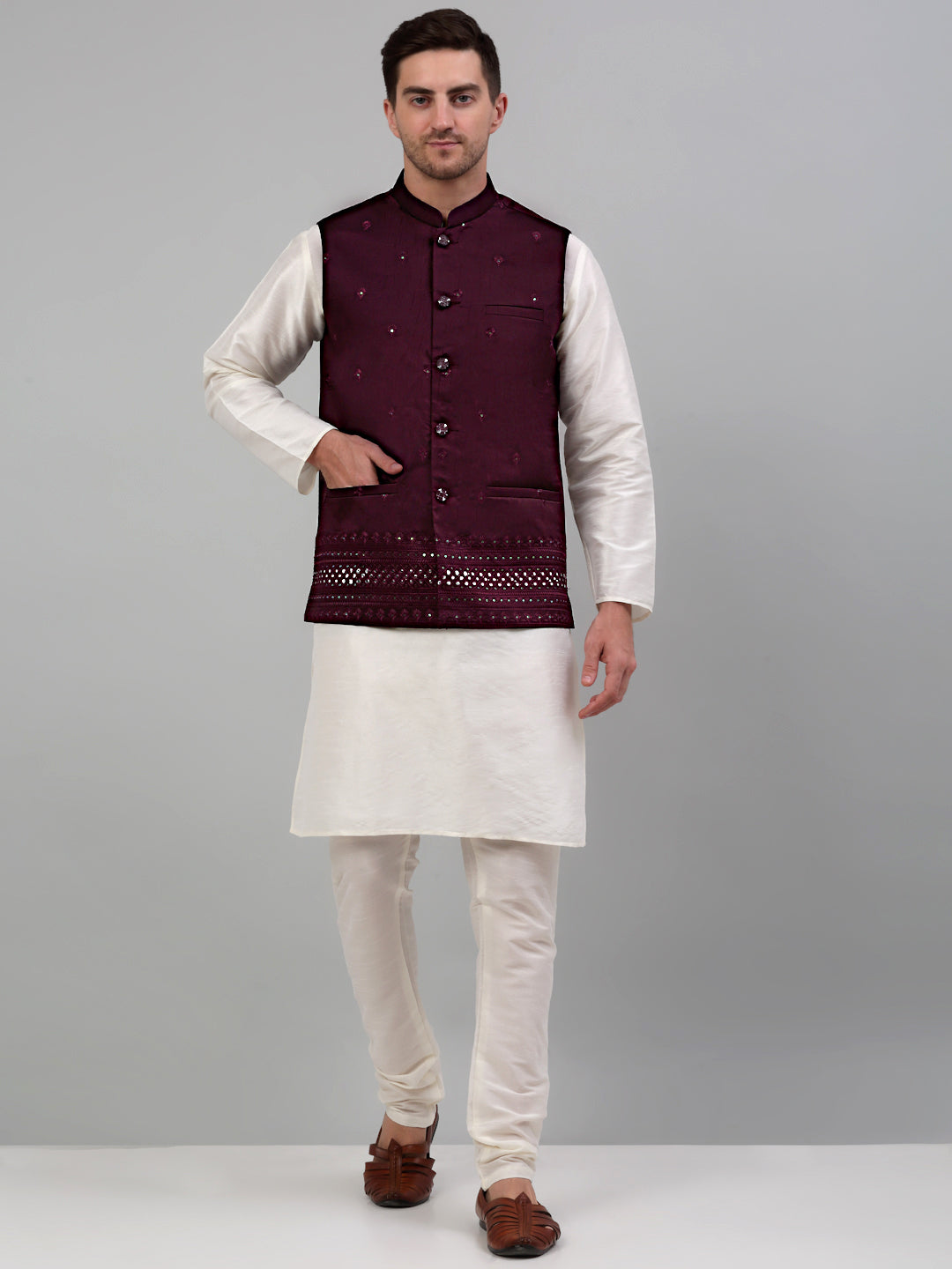 Jompers Men's Embroidered Nehru Jacket - Purple