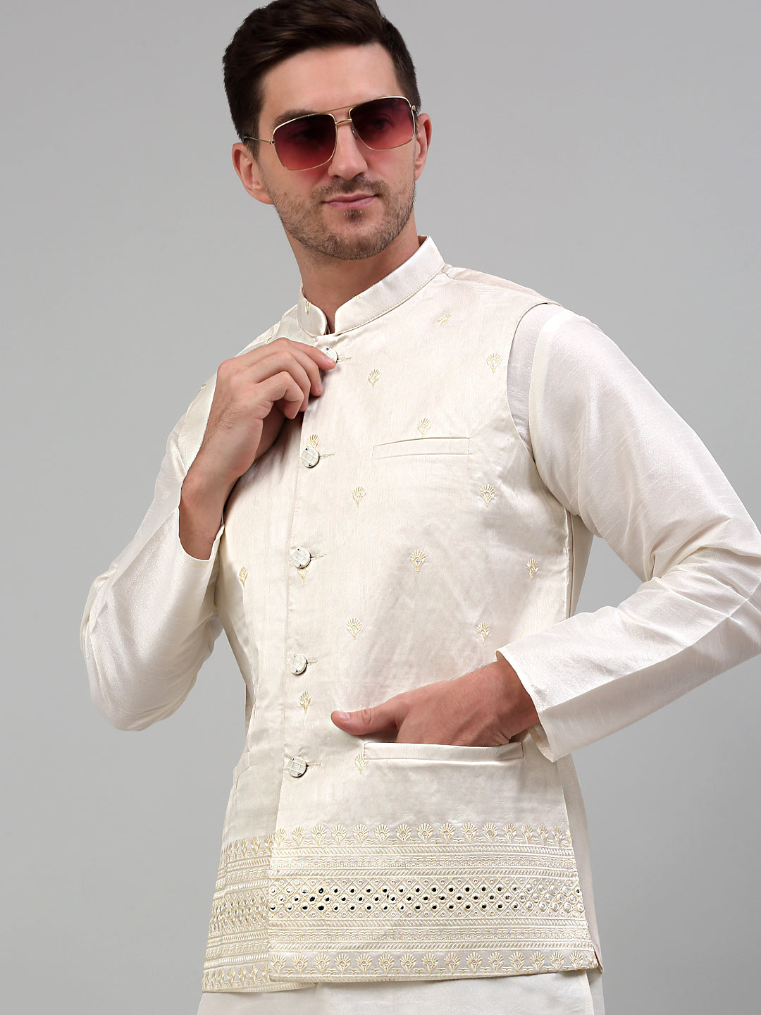 Jompers Men's Embroidered Nehru Jacket - White